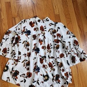 Floral Ruffle Peasant Top - White with Brown & Navy Floral